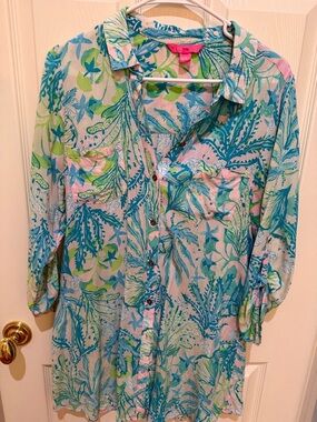 Lilly Pulitzer Blue Pink Green Printed Swim Coverup size M